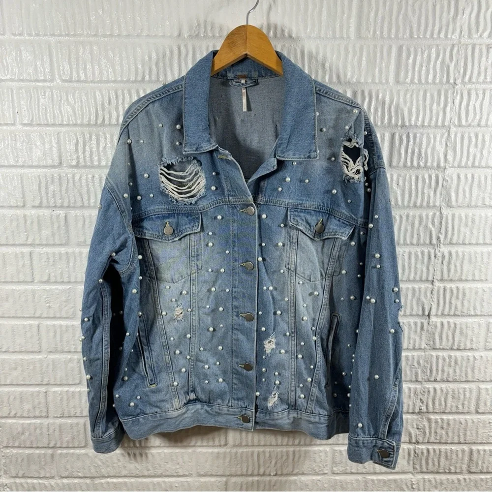 Free People Light Blue Pearl-Embellished Distressed Denim Jacket - Picture 3 of 8